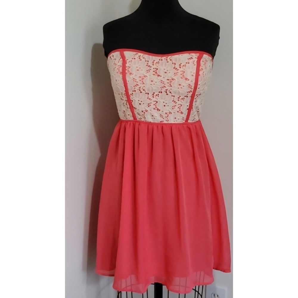Daytrip Womens Strapless Lace Dress Coral Cream M Feminine Wedding Guest NWT‎